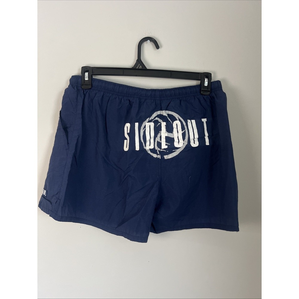 navy blue Sideout Swimming shorts featuring a large logo on the back Sz L